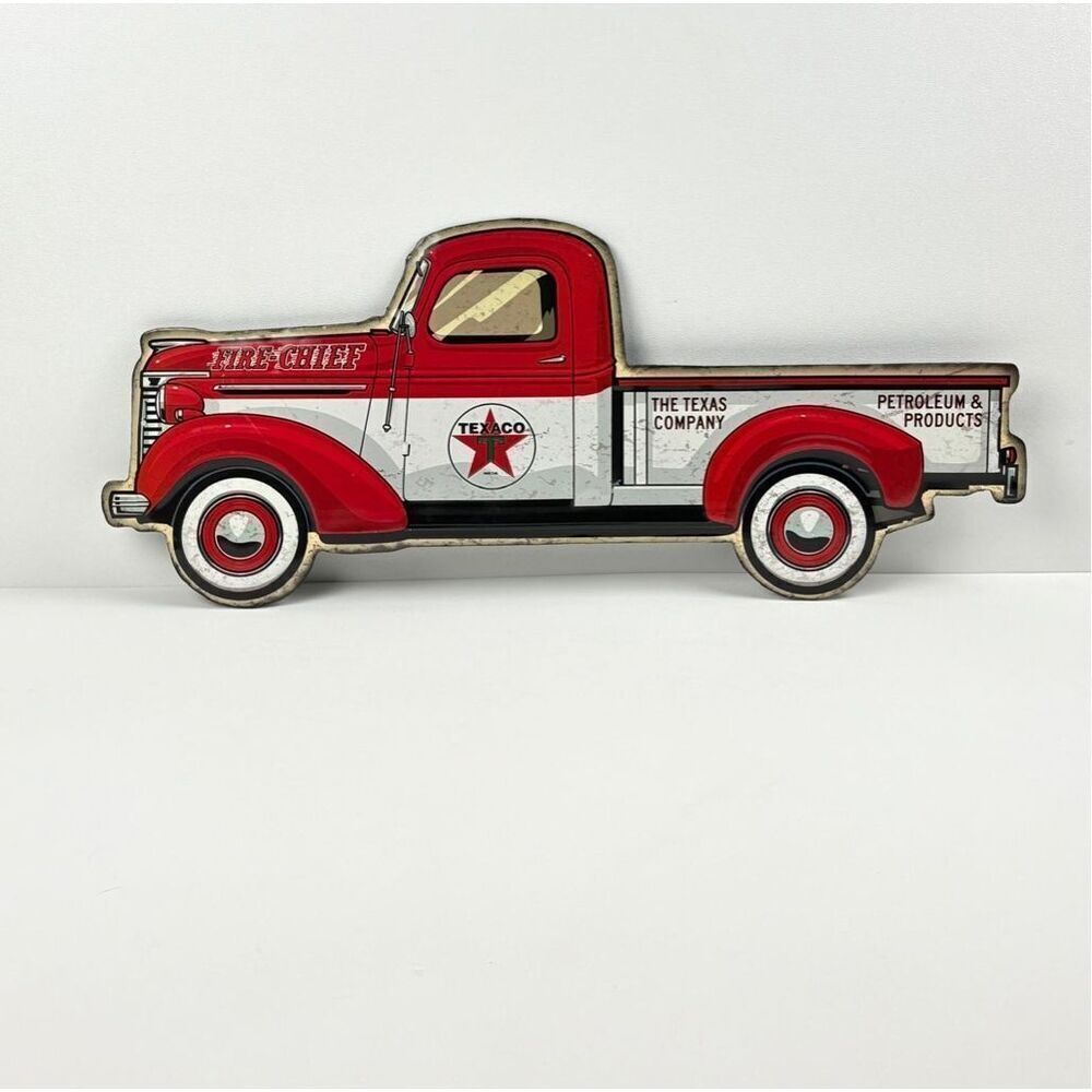 Texaco Fire Chief Truck Metal Tin Display Sign Embossed Shop Standard Motor Oil